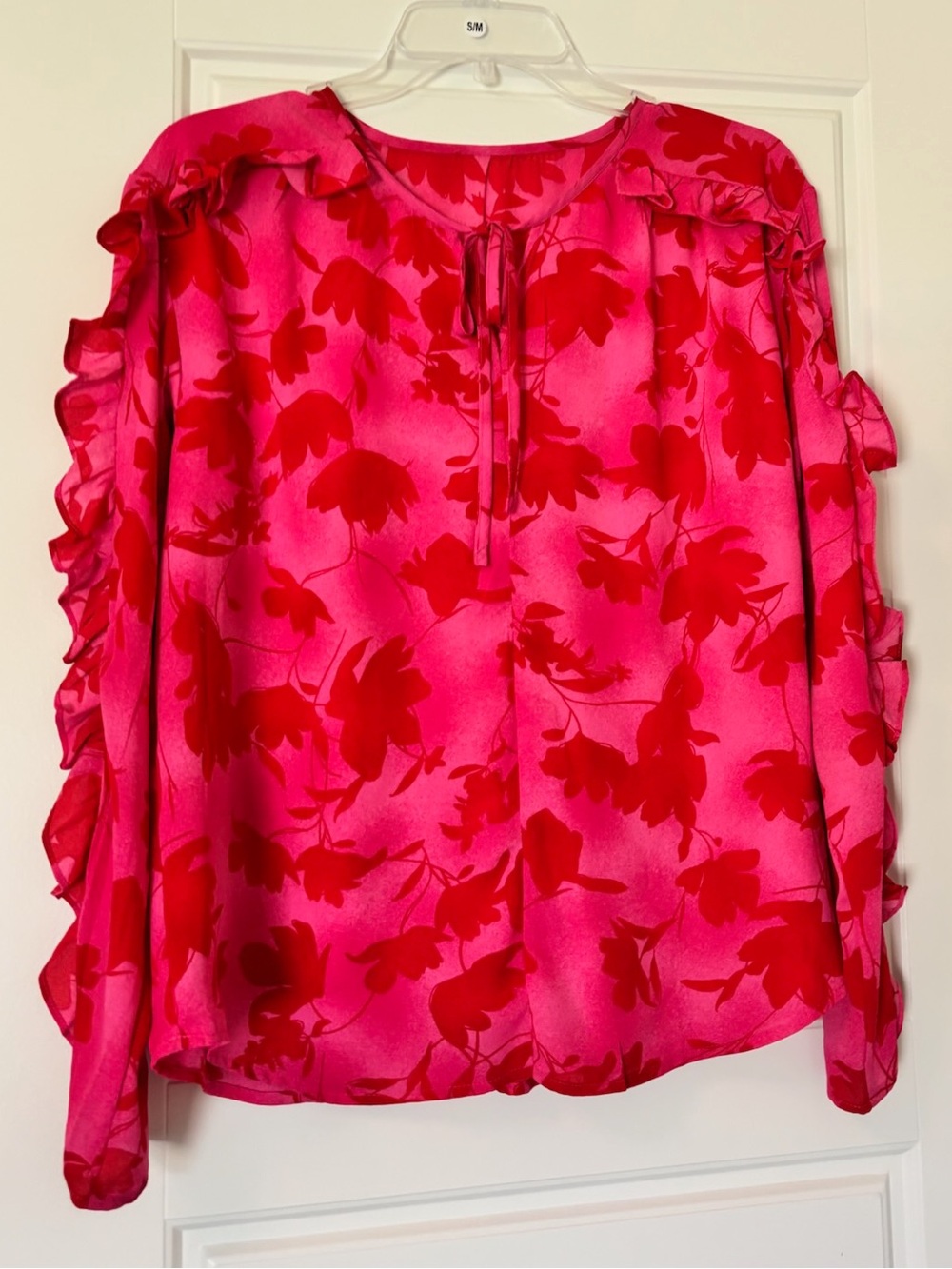 Vibrant Pink Floral Ruffle Sleeve Blouse - Women's Top